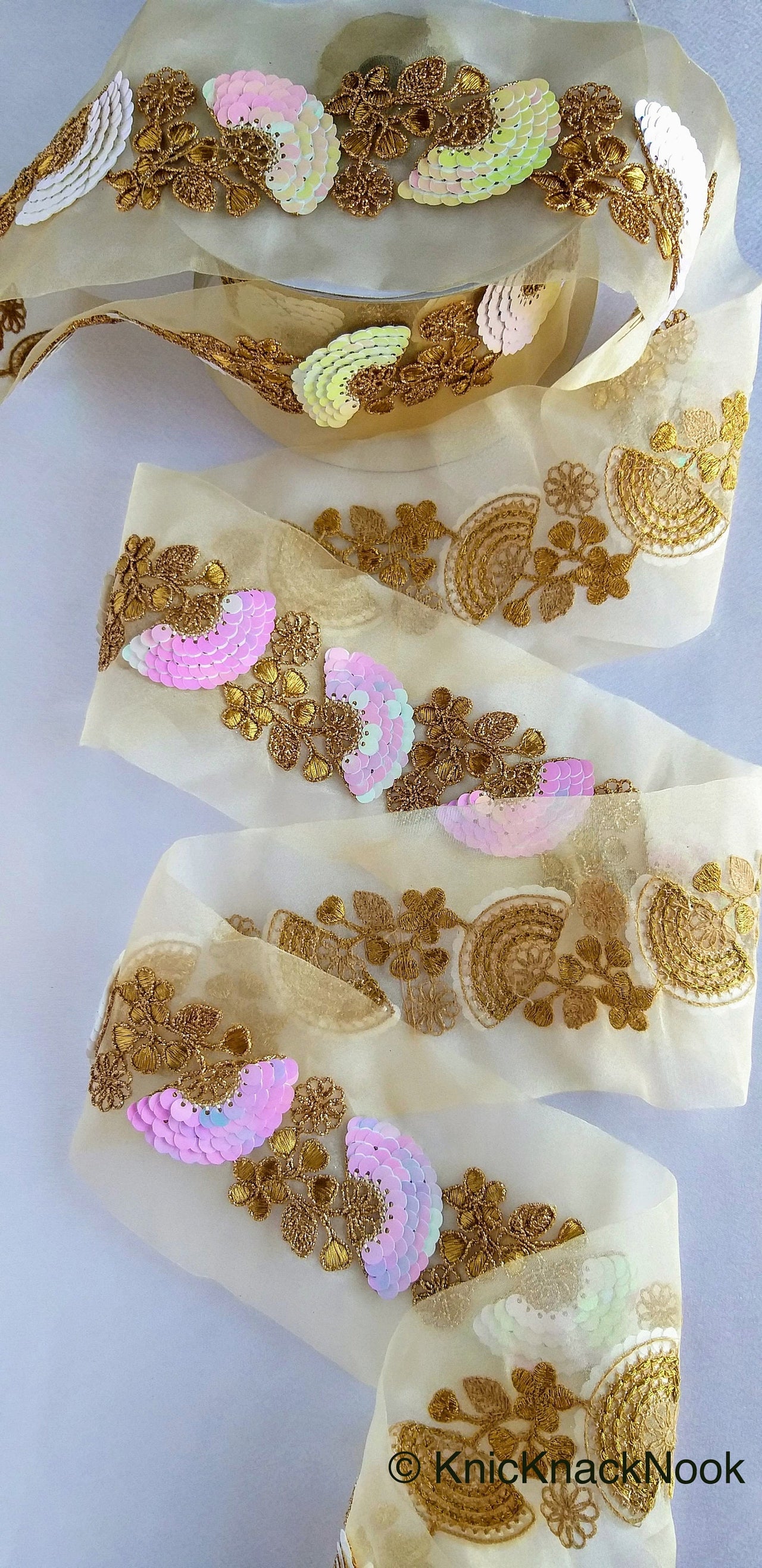 Wholesale Gold Sheer Fabric Trim With Antique Gold Floral Embroidery And Pink White Two Tone Sequins Embellishments, Sequin Border