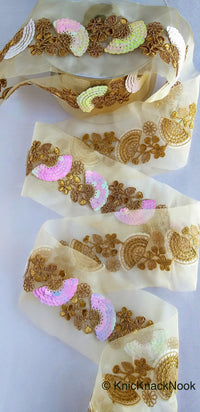 Thumbnail for Wholesale Gold Sheer Fabric Trim With Antique Gold Floral Embroidery And Pink White Two Tone Sequins Embellishments, Sequin Border