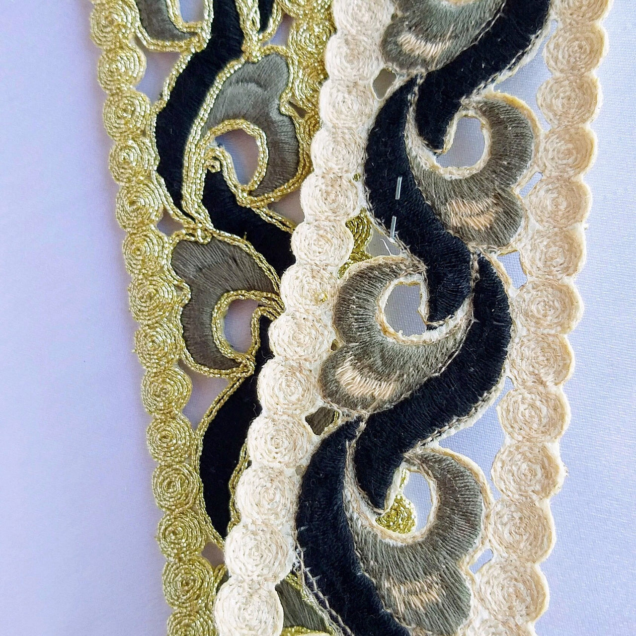 Black, Grey And Gold Cut Work Embroidered Trim, Approx. 48mm wide