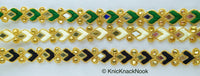 Thumbnail for Green / Black / Off White And Gold Thread Lace Trim With Beads And Mirrors Embellishments, Approx. 22mm - 210119L524 / 25 /26