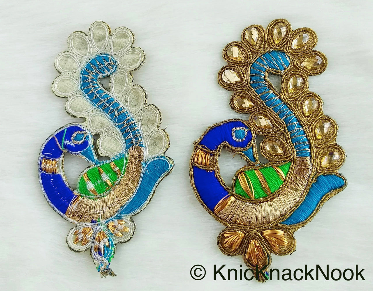Cutwork Peacock Applique, Embroidered Peacock Applique with Bead Embellishments Blue, Green And Antique Gold