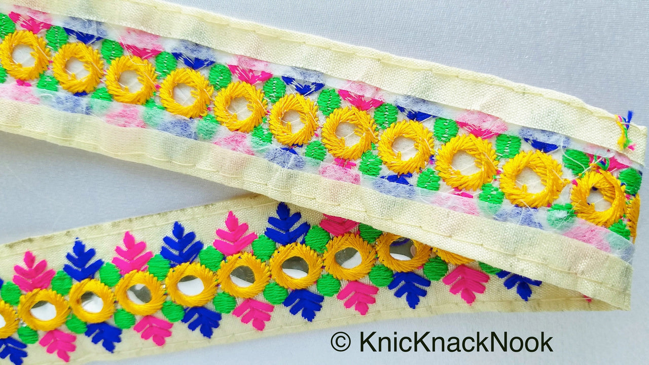 Beige Mirrored Fabric Trim With Yellow, Fuchsia Pink, Blue And Green Embroidery