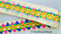 Thumbnail for Beige Mirrored Fabric Trim With Yellow, Fuchsia Pink, Blue And Green Embroidery