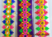 Thumbnail for Beige Mirrored Fabric Trim With Yellow, Fuchsia Pink, Blue And Green Embroidery