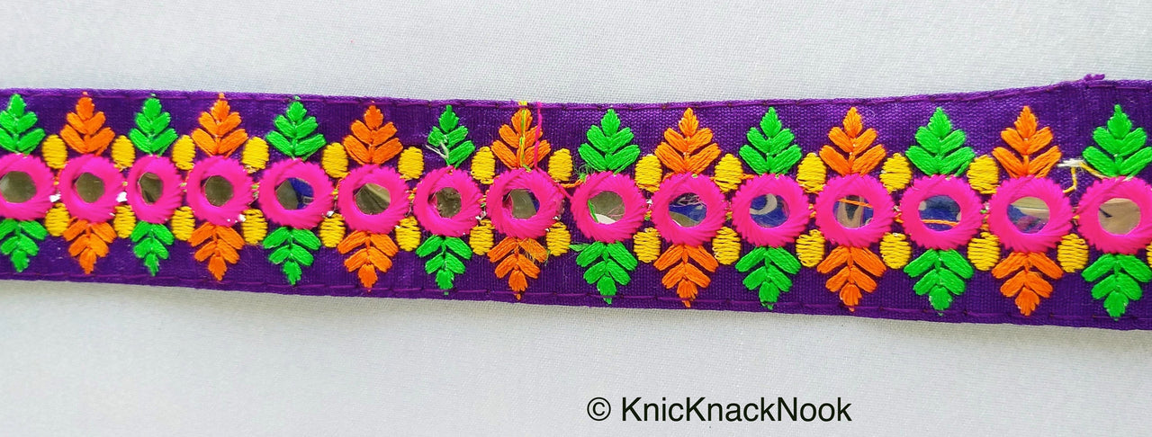 Purple Mirrored Fabric Trim With Fuchsia Pink, Orange, Yellow And Green Embroidery