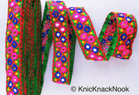 Thumbnail for Green Cotton Fabric Mirrored Trim With Embroidery In Fuchsia Pink, Blue, Red & Yellow Threads