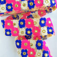 Thumbnail for Beige Net Lace Trim In Blue, Off White, Fuchsia Pink And Gold Floral Embroidery And Mirror Embellishments