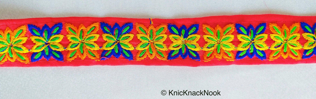 Red Cotton Fabric Trim With Blue, Orange Yellow & Green Embroidery, Boho trim
