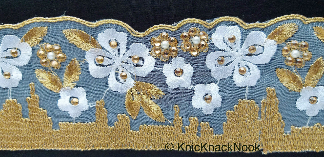 White Tissue Fabric Trim With Embroidered White & Gold Embroidery, Embellished With Beads, Brasso Trim