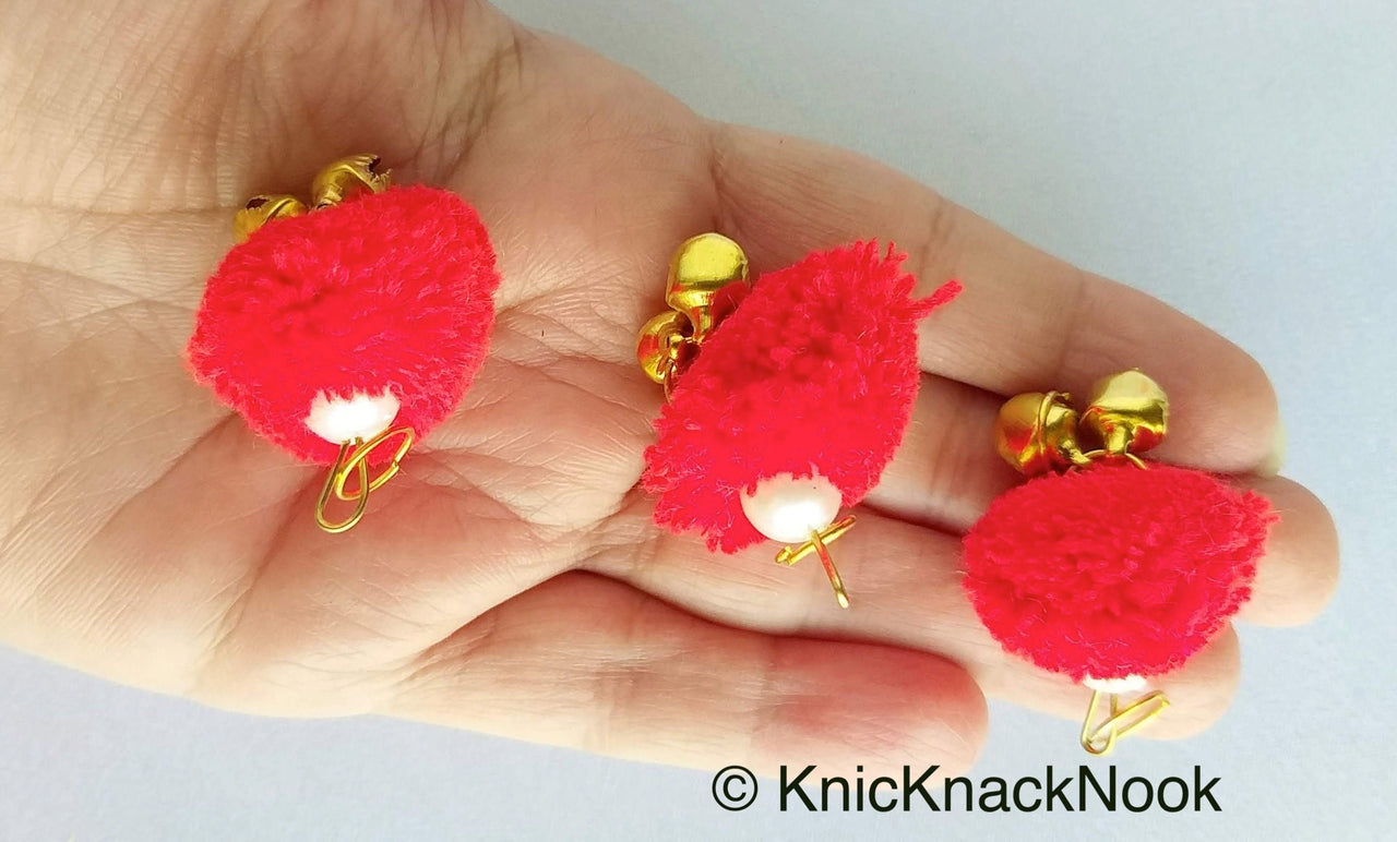 6 x Red Pom-Pom Tassel Latkan With Pearl Beads And Jingle Bell Beads, Pompom Decorations, Approx. 30mm - 210119L208
