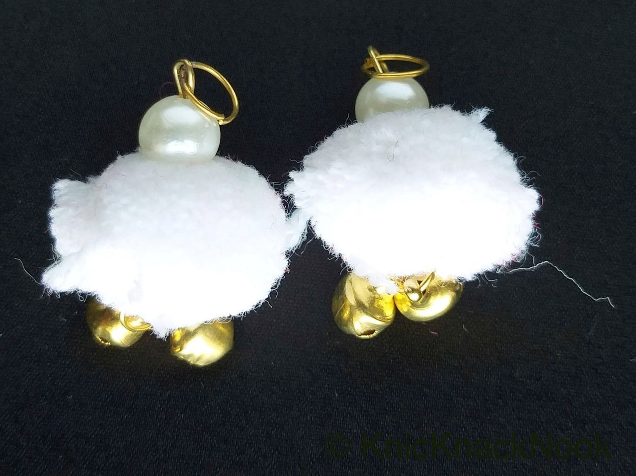 6 x White Pom-Pom Tassel Latkan With Pearl Beads And Jingle Bell Beads, Pompom Decorations, Approx. 30mm - 210119L210