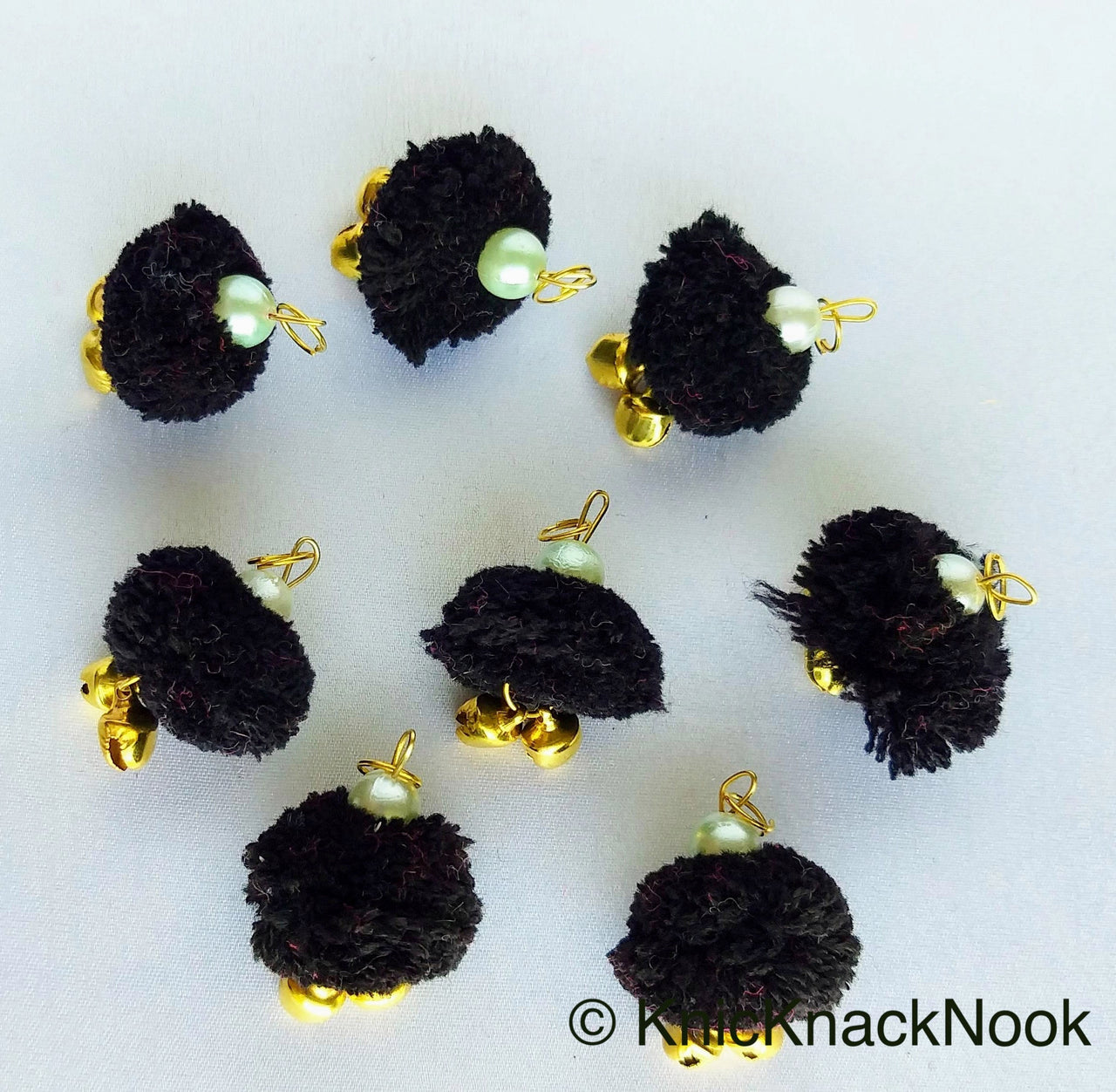 6 x Black Pom-Pom Tassel Latkan With Pearl Beads And Jingle Bell Beads, Pompom Decorations, Approx. 30mm - 210119L211