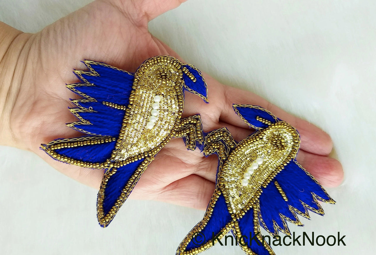 Embroidered Birds Pair Applique With Beige / Red / Blue And Antique Gold Embroidery, Gold And Pearl Beads