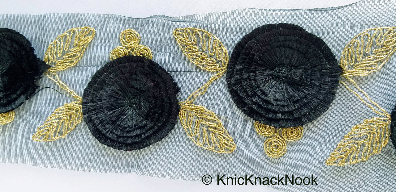 Black Net Lace Trim With Black Thread Flowers and Gold Leaves Embroidery, Approx. 95mm wide