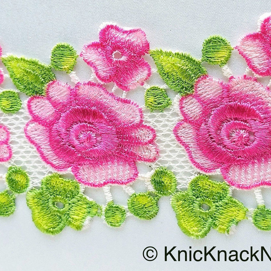 Yellow / Pink, Green and White Embroidered Flower Lace Trim, Approx 80mm wide