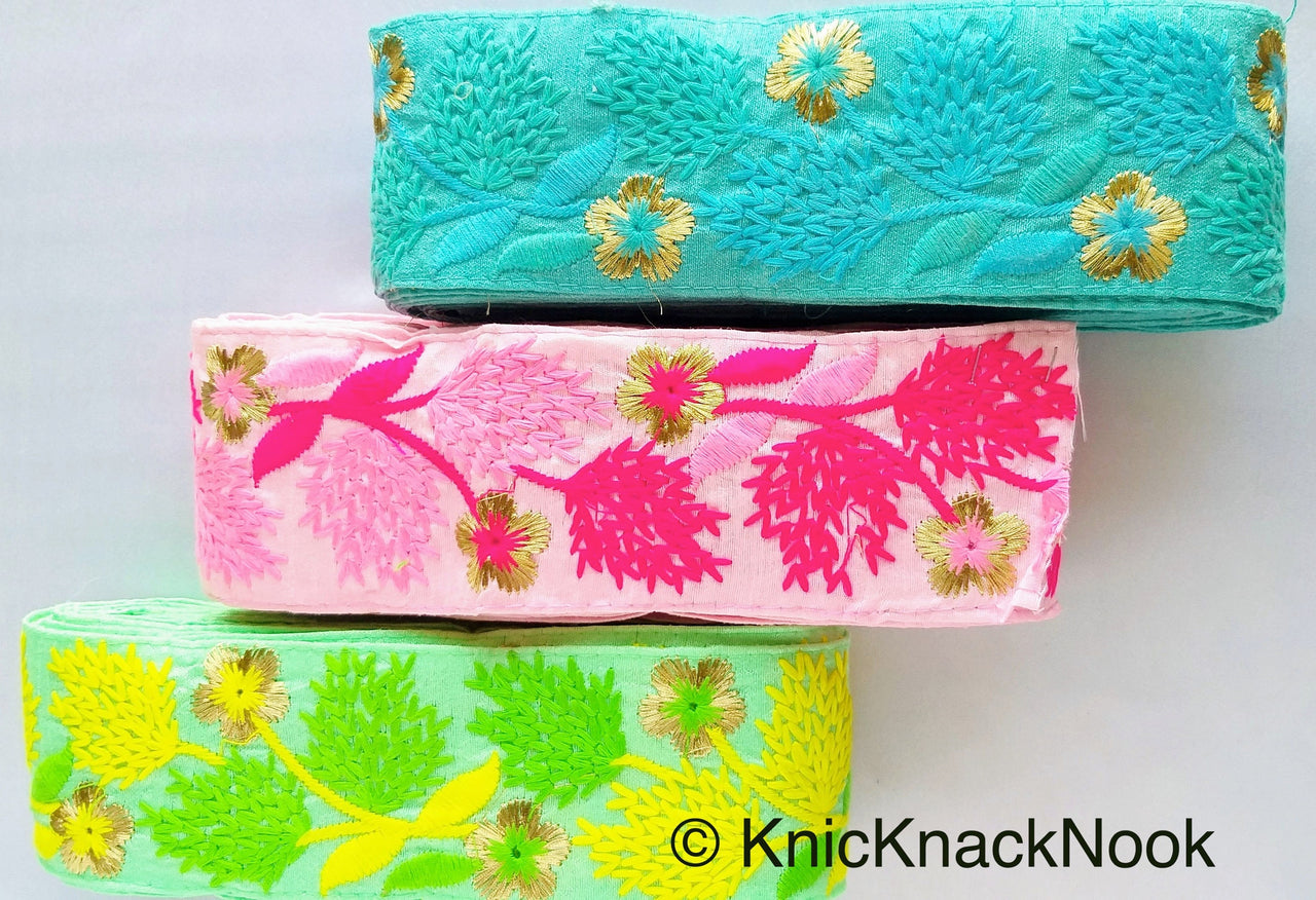 Cyan Blue / Green / Pink / Black /Blue / Beige And Gold Floral Embroidery Trim, Indian Embroidered Trim, Approx. 75mm wide