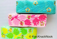 Thumbnail for Cyan Blue / Green / Pink / Black /Blue / Beige And Gold Floral Embroidery Trim, Indian Embroidered Trim, Approx. 75mm wide