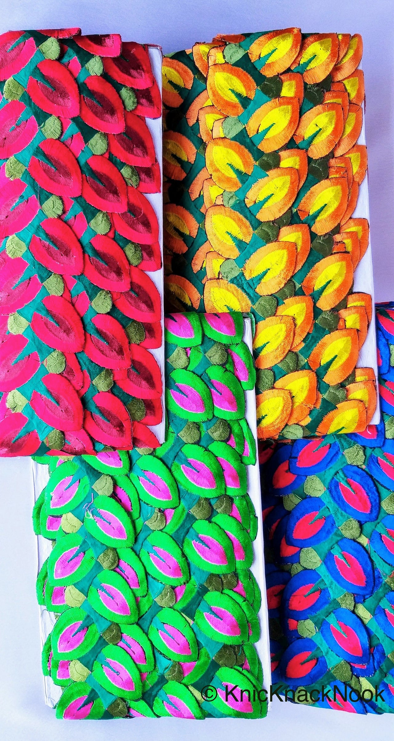 Yellow / Blue / Red / Green Embroidered Leaves Vine Trim Lace, Approx. 60mm Wide