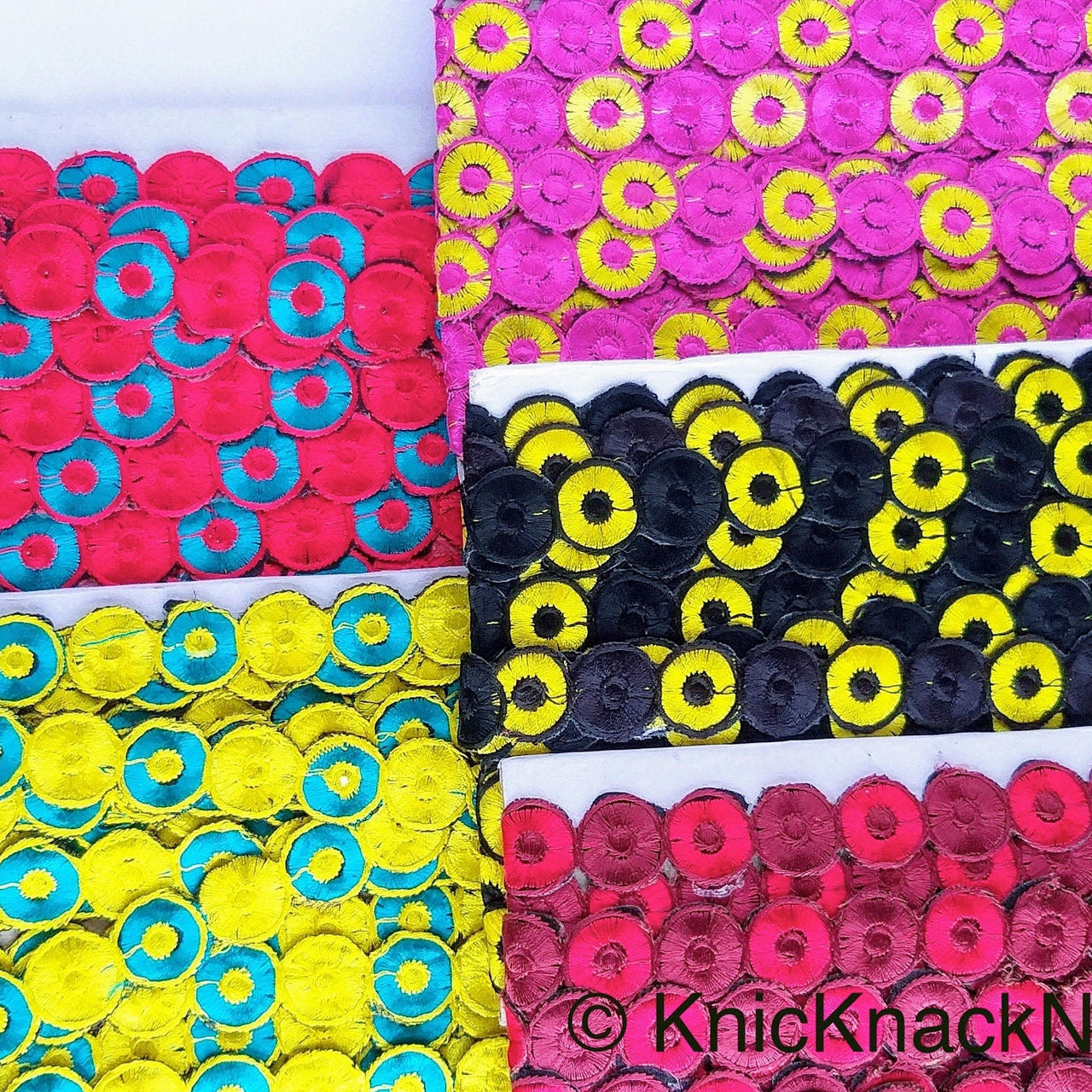 Yellow & Teal Embroidered Circles Cutwork Trim, Approx. 22mm Wide