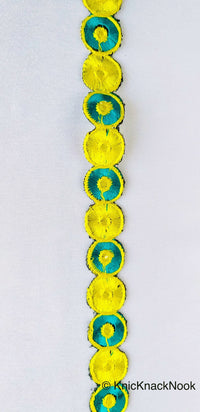 Thumbnail for Yellow & Teal Embroidered Circles Cutwork Trim, Approx. 22mm Wide