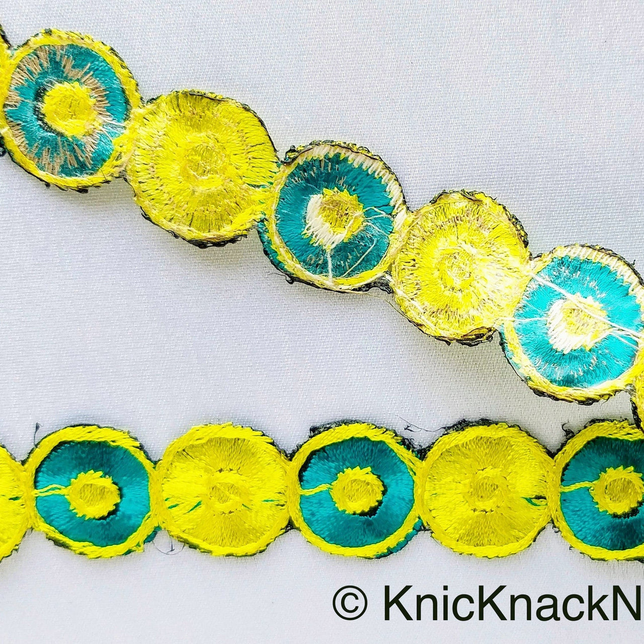 Yellow & Teal Embroidered Circles Cutwork Trim, Approx. 22mm Wide