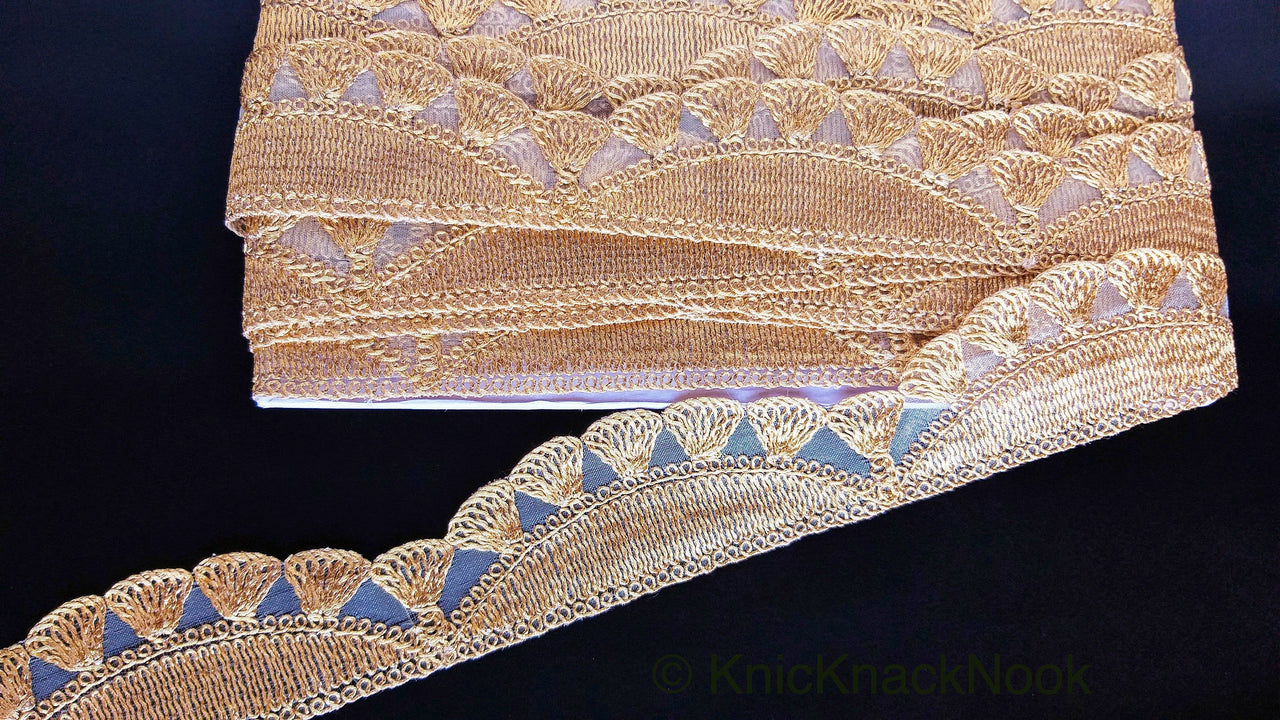 Gold Shimmer Thread Embroidered Scallop Trim, Sheer Fabric Lace, Fringe Trim
