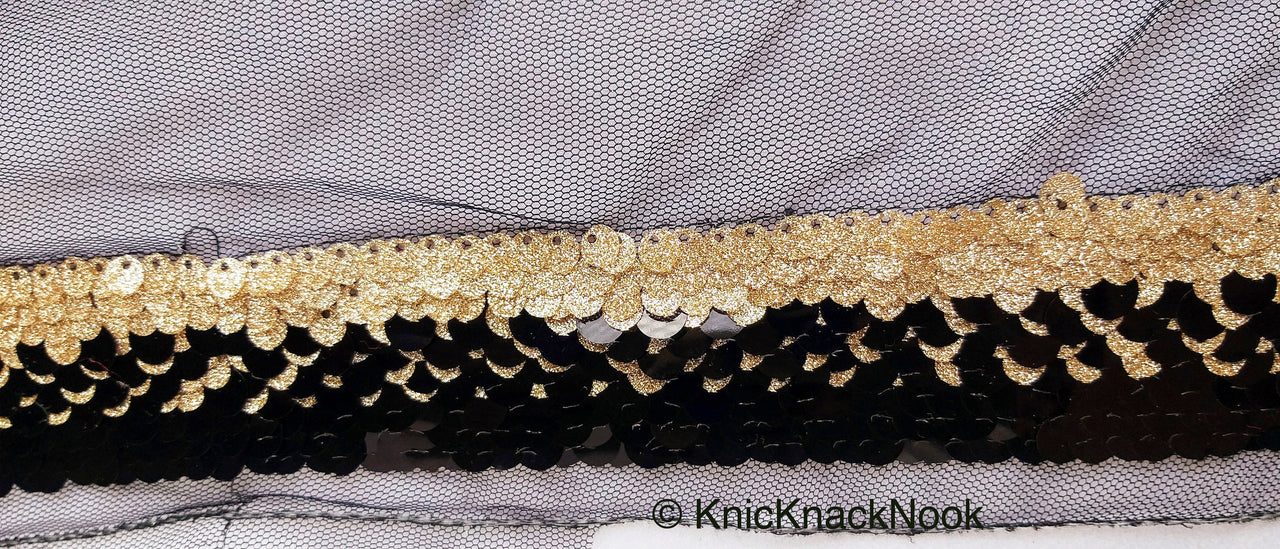Black Net Lace With Glossy Black And Glitter Gold Sequins, Black Trim, Approx. 16cm wide