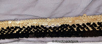 Thumbnail for Black Net Lace With Glossy Black And Glitter Gold Sequins, Black Trim, Approx. 16cm wide