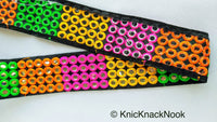Thumbnail for Black / Beige Fabric Mirrored Trim With Green, Orange, Yellow And Pink Embroidery With Mirrors
