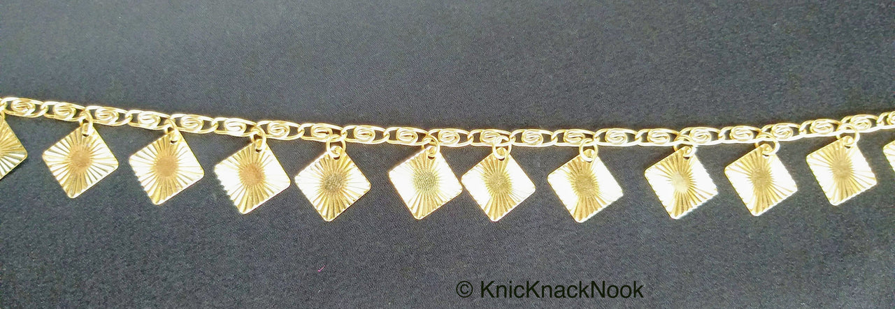 Gold Chain Metal Trim, Metallic Chain with Gold Shimmer Square Charms, Beaded Bohemian trim