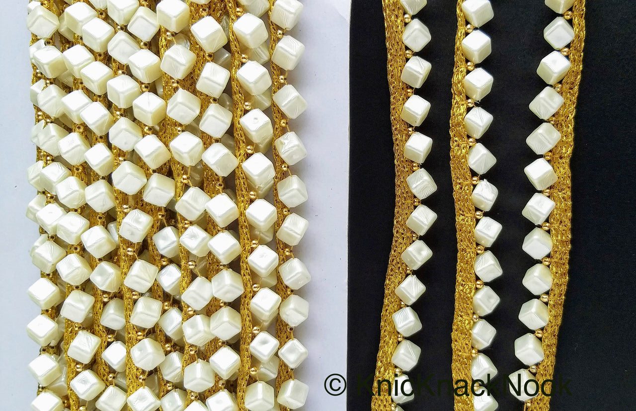 Off White Cube Pearls Beads With Gold Fringe Woven Trim