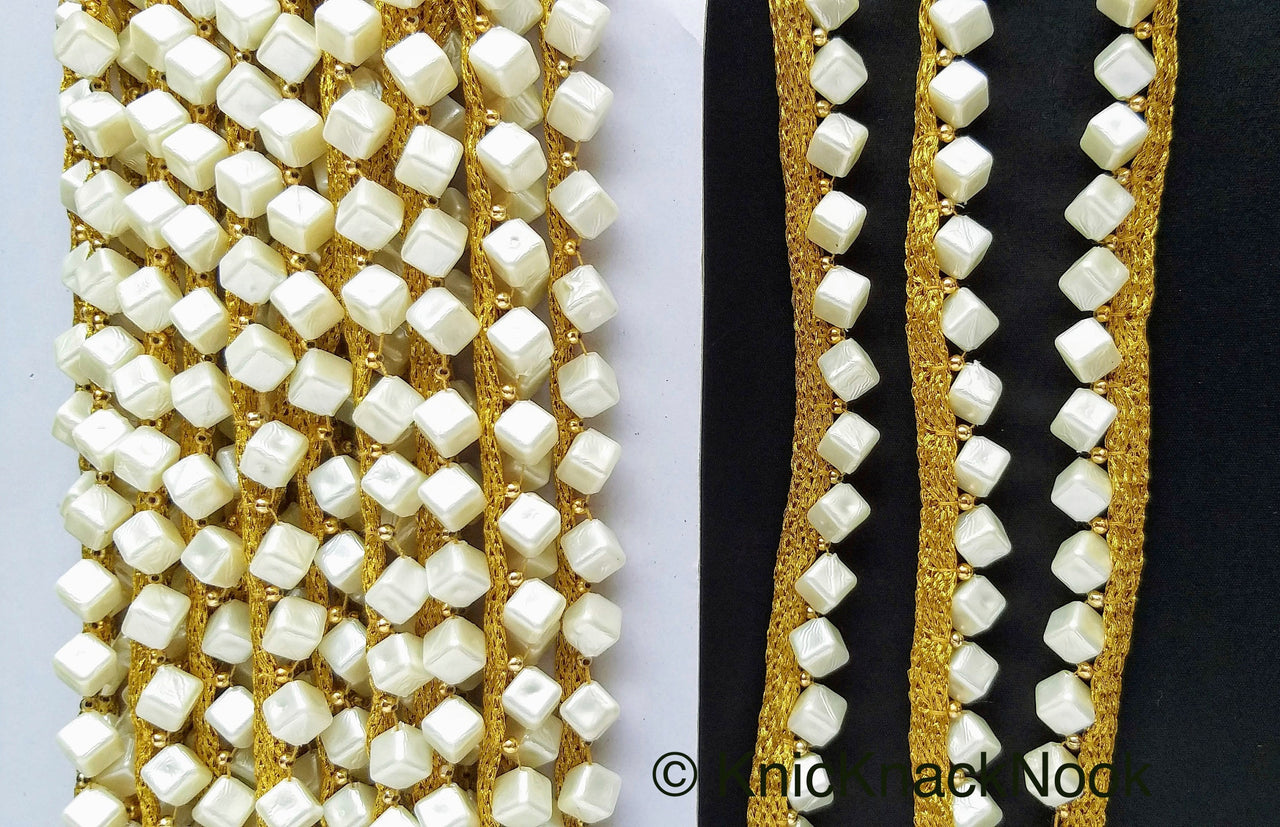 Off White Cube Pearls Beads With Gold Fringe Woven Trim, One Yard 12mm wide