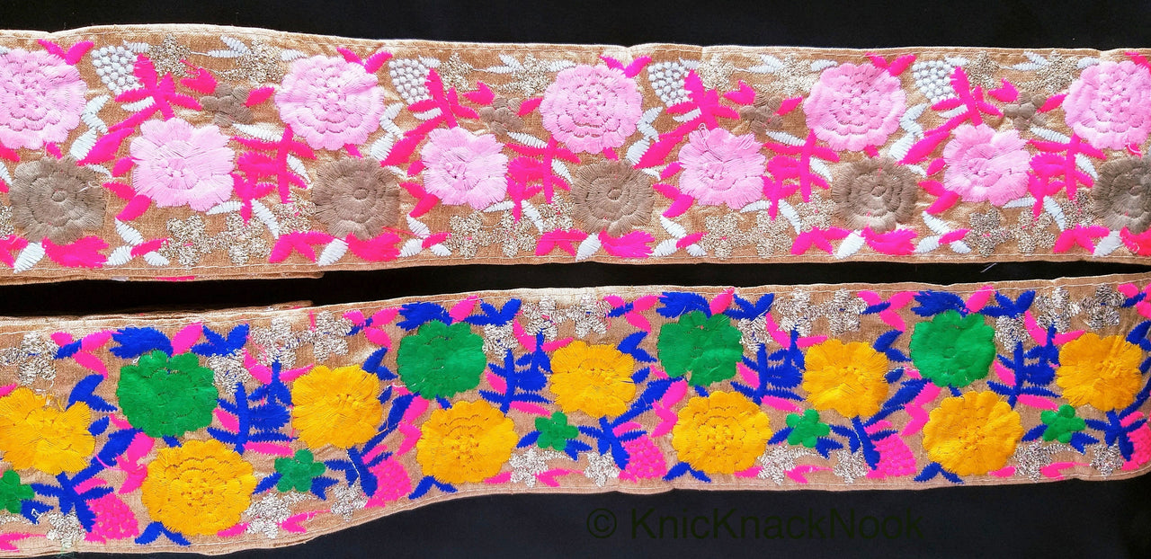 Wholesale Trim In Yellow And Green & Gold Floral Embroidery Trim, Approx. 10cm wide, Indian Embroidered Trim Trim by 9 Yards Decorative Trim