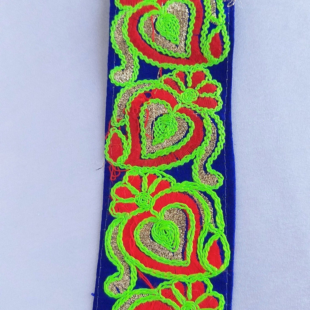 Royal Blue Art Silk Fabric Trim With Neon Green, Red & Gold Floral Embroidery, Indian 