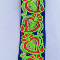 Thumbnail for Royal Blue Art Silk Fabric Trim With Neon Green, Red & Gold Floral Embroidery, Indian 