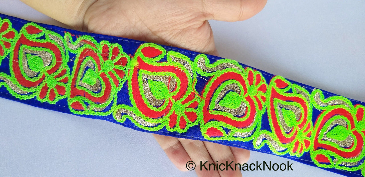 Royal Blue Art Silk Fabric Trim With Neon Green, Red & Gold Floral Embroidery, Indian 