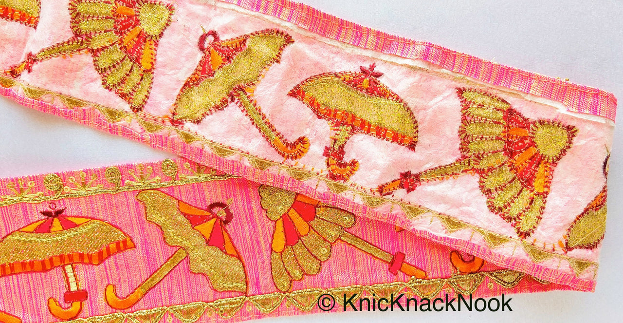 Pink / Peach / Beige / Green Art Silk Fabric Trim With Orange, Red & Gold Embroidered Umbrellas And Gold Sequins, Approx. 88mm wide