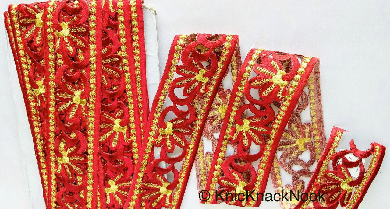 Green / Red / Beige And Gold Floral Embroidery Trim, Floral Trim, Cut Work One Yard Lace Trim