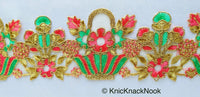 Thumbnail for Wholesale Flower Basket Cutwork Trim, Embroidered In Gold, Pink & Green