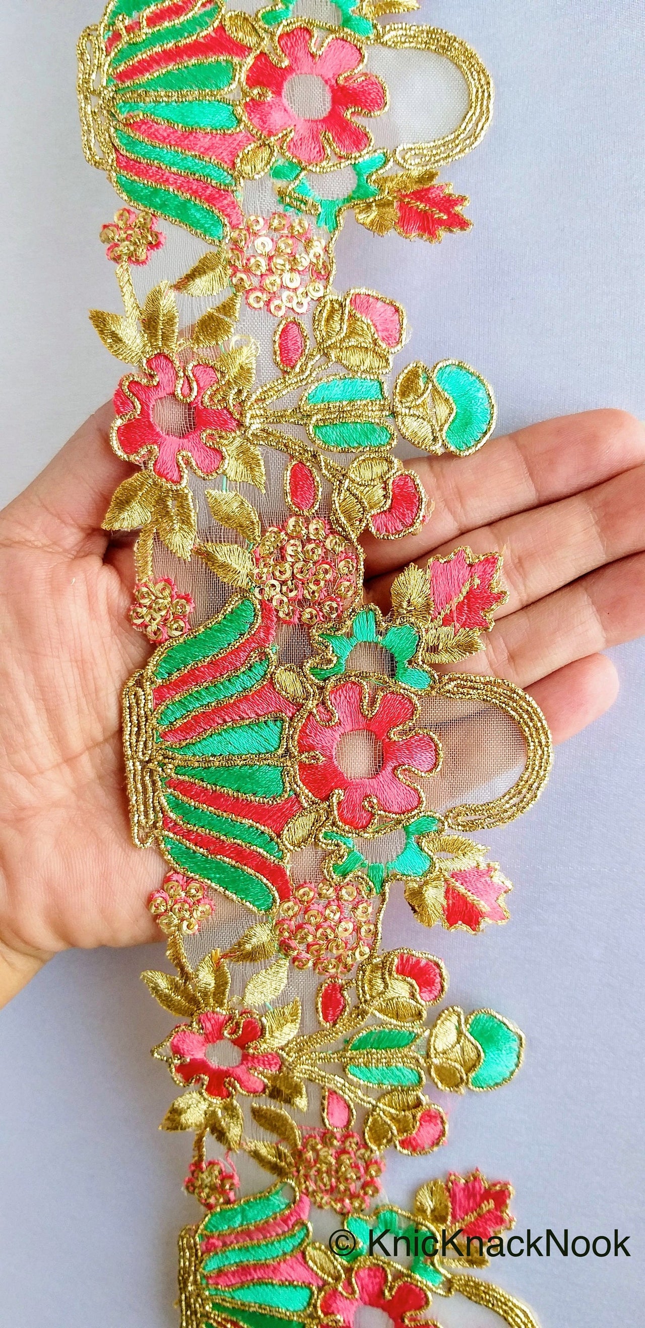 Wholesale Flower Basket Cutwork Trim, Embroidered In Gold, Pink & Green