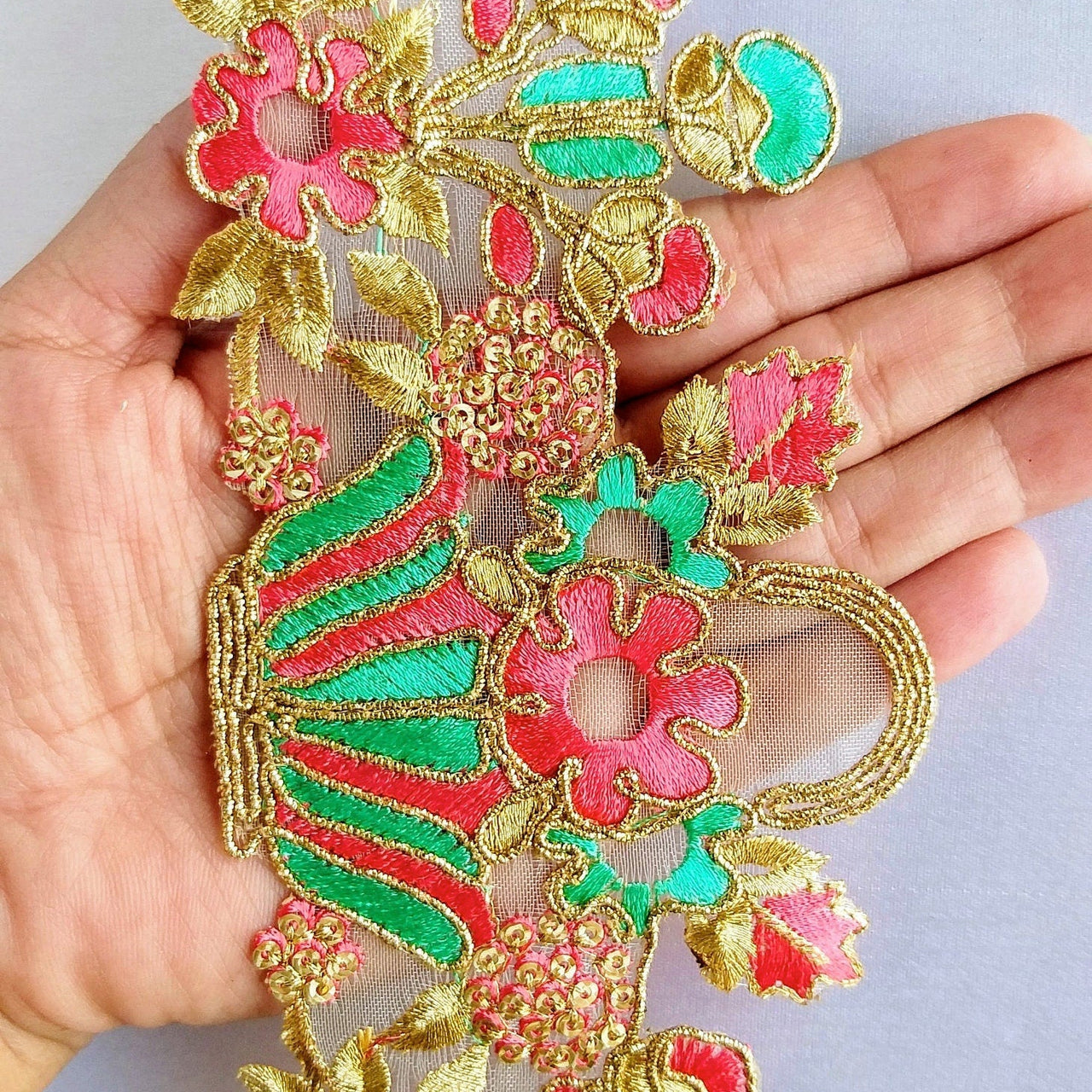 Flower Basket Cutwork Trim, Embroidered In Gold, Pink & Green