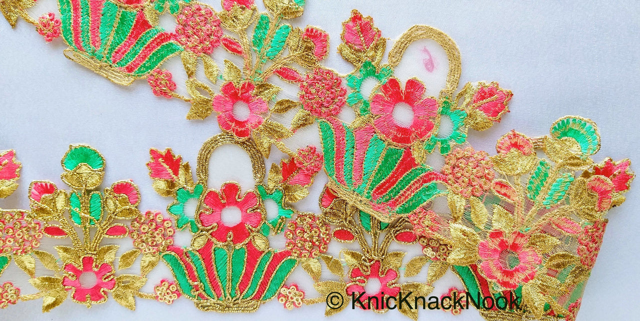 Flower Basket Cutwork Trim, Embroidered In Gold, Pink & Green
