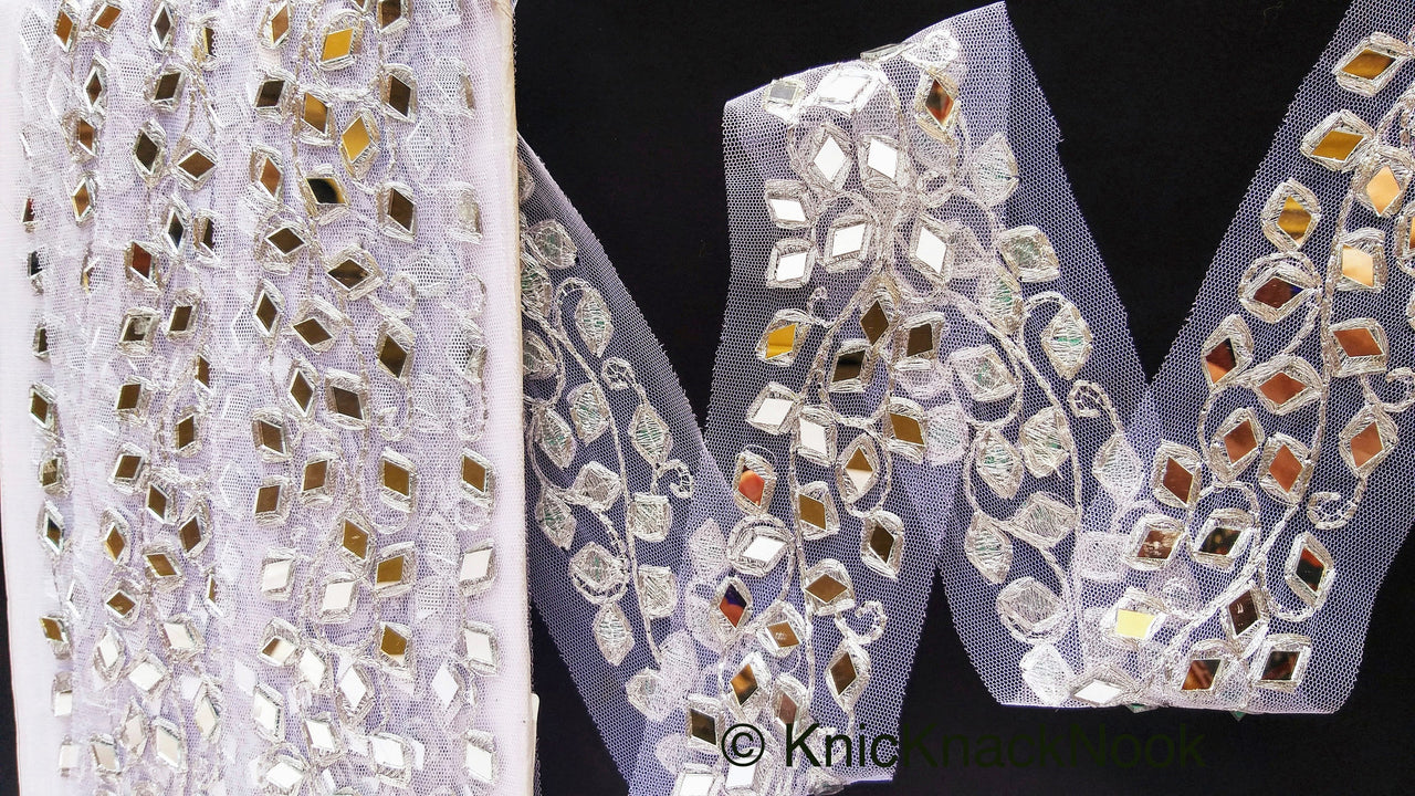 White Net Fabric Lace Trim With Silver Embroidery And Mirror Embellishments, Wedding Trims, Indian  - 210119L458