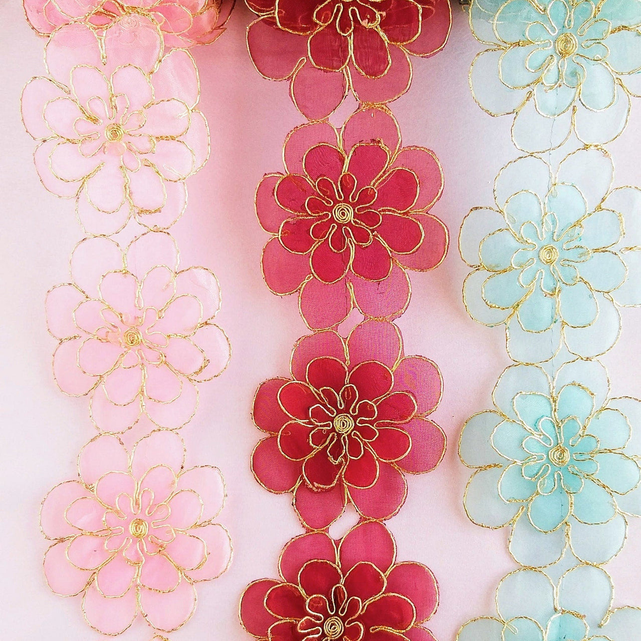 Blue / Pink / Red And Gold Layered Flowers, Cut work Tissue Trim, 3-D Flower Trim