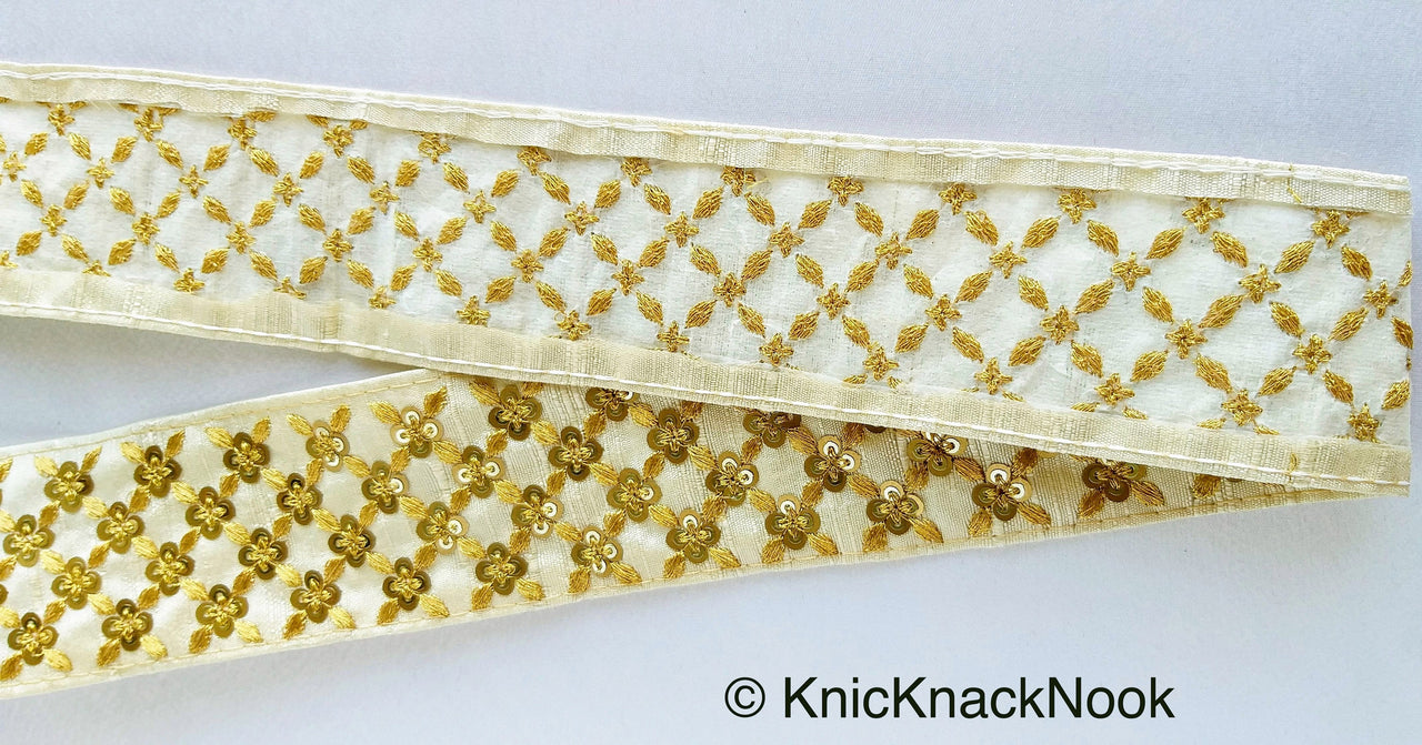 Beige Art Silk Fabric Trim With Gold Embroidery and Gold Sequins, Approx. 55mm Wide - 210119L166