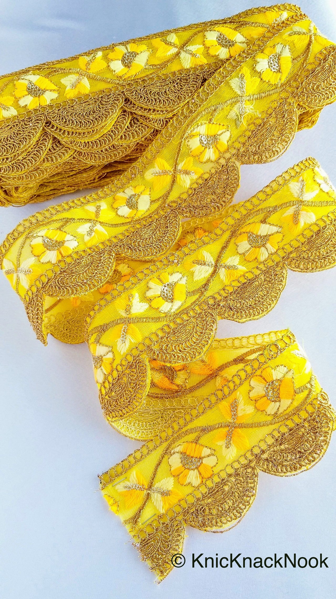 Green / Yellow / Orange And Gold Embroidered Fabric Trim With Floral Embroidery, Scallop Trim, Approx. 65mm Wide - 210119L174 / 75 / 76