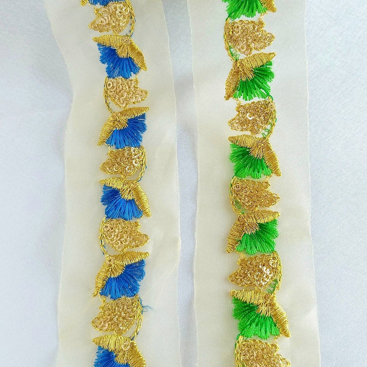Gold Sheer Trim In Gold And Blue / Green Floral Embroidery And Gold Sequins Embellishment, Approx. 45mm Wide - 210119L135 / 36