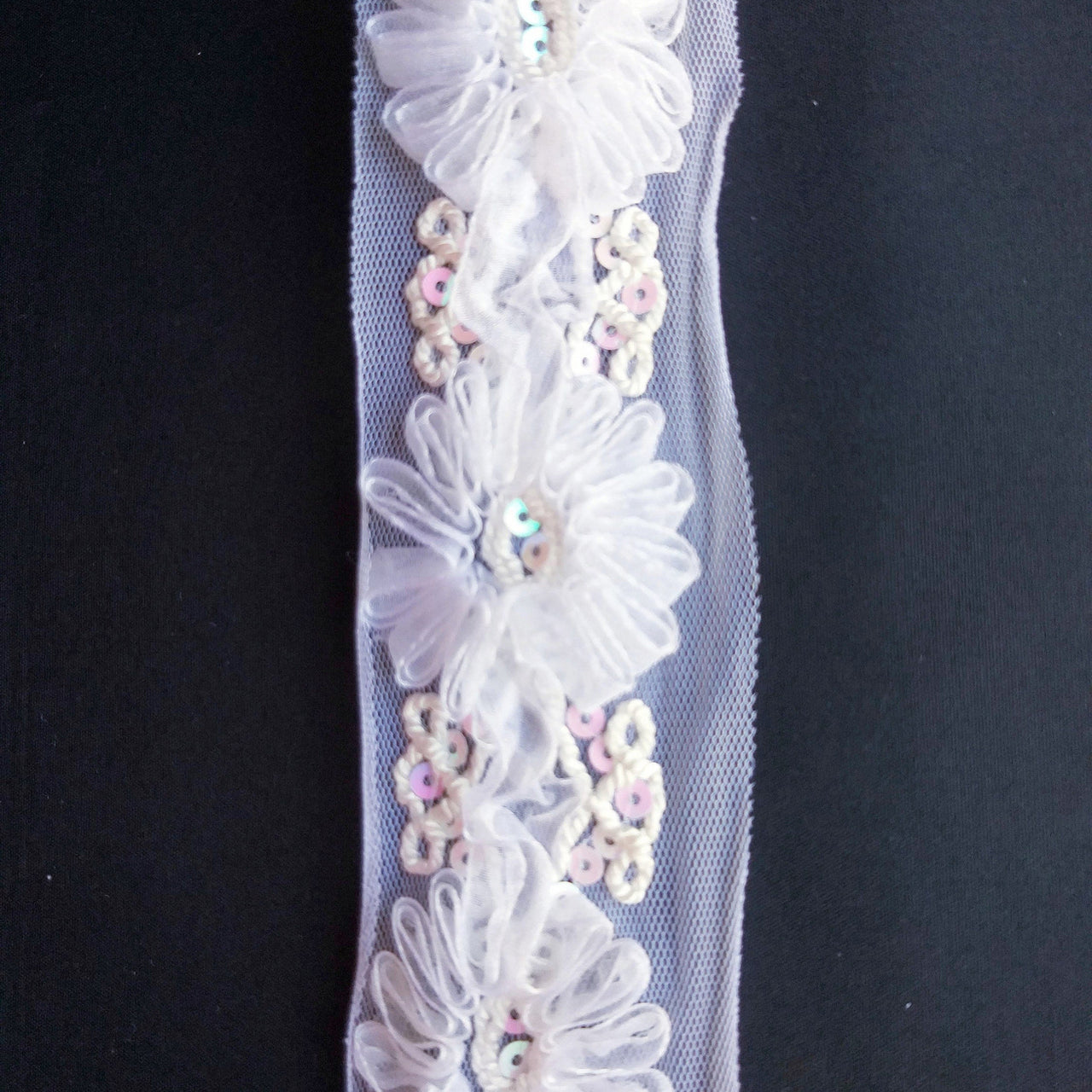 White Flower Tissue Net Fabric Lace Trim With Sequins, Floral Trim, Wedding Supplies