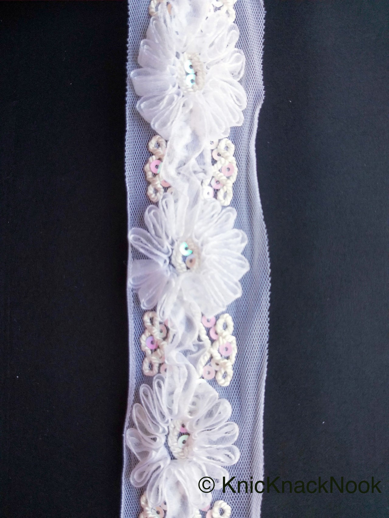 Wholesale White Flower Tissue Net Fabric Lace Trim With Sequins, Floral Trim, Wedding Supplies Trim By 9 Yards
