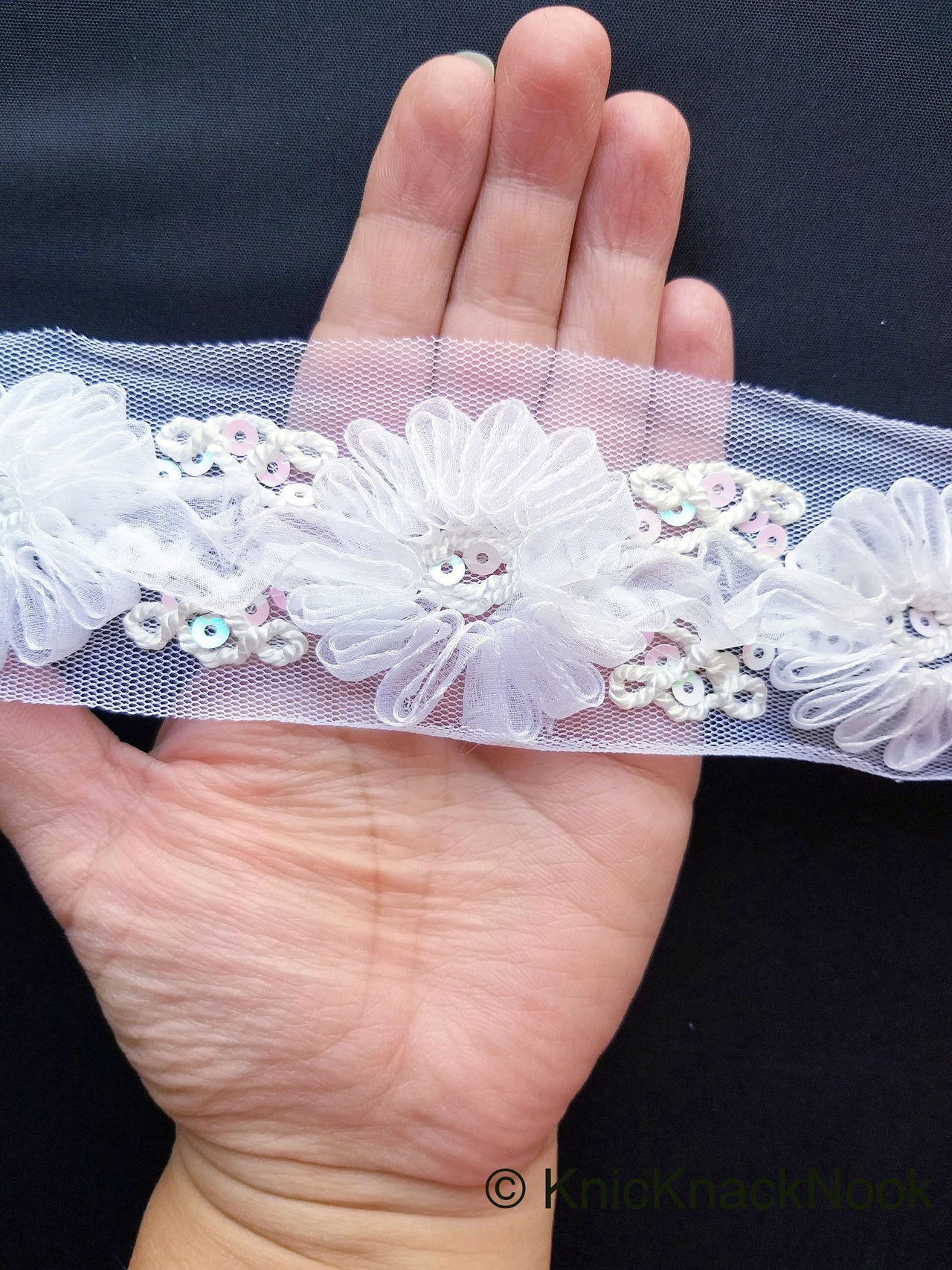 Wholesale White Flower Tissue Net Fabric Lace Trim With Sequins, Flora –  Knicknacknook